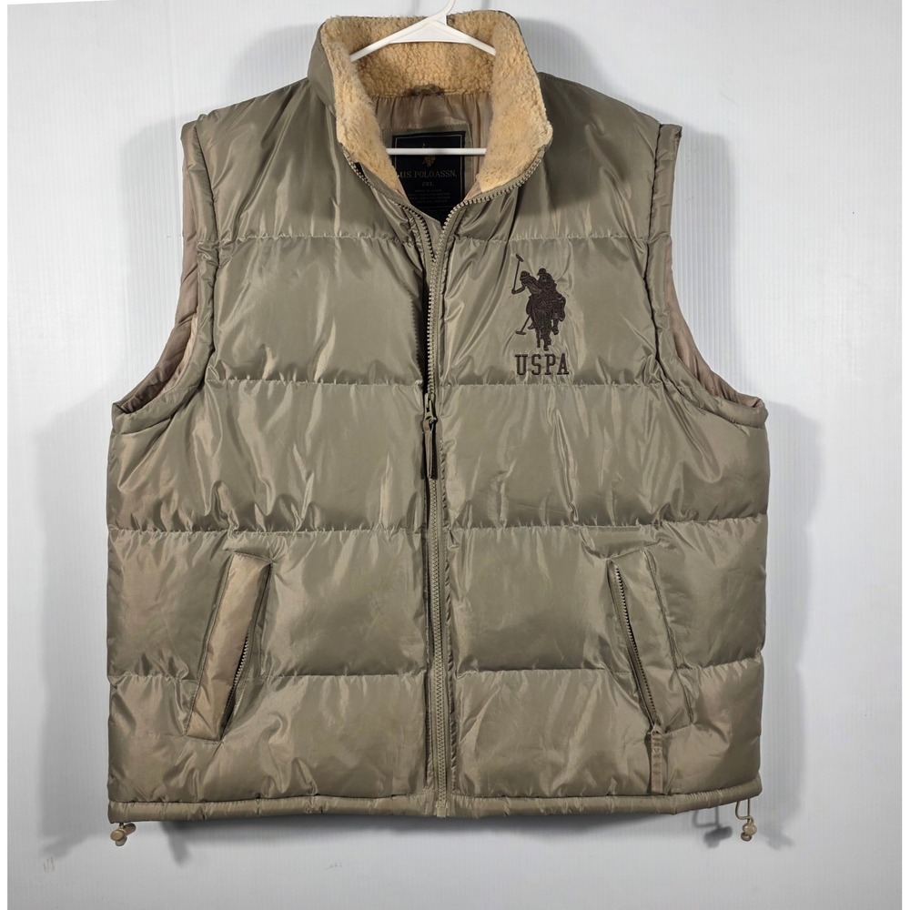 US Polo Assn Mens 2XL Puffer Vest Taupe Tan Sherpa Collar Quilted Zip Up USPA